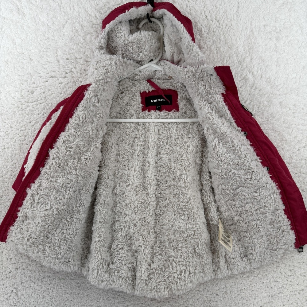 Diesel Coat Toddler 2T Pink Hooded Faux Fur Lined Puffer Parka Zip Pockets - Picture 3 of 10
